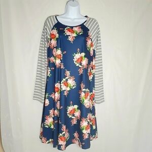 Unique & Classic Floral Striped Long Sleeves Shift Dress Size L